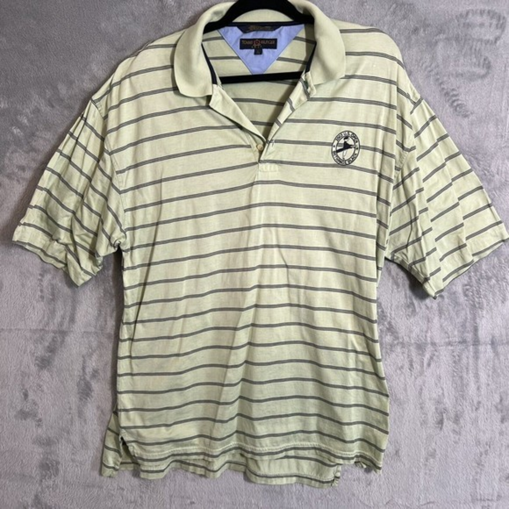 VTG Tommy Hilfiger Golf 2002 US Open Beth Page Yellow/Beige‎ Striped Polo Size L